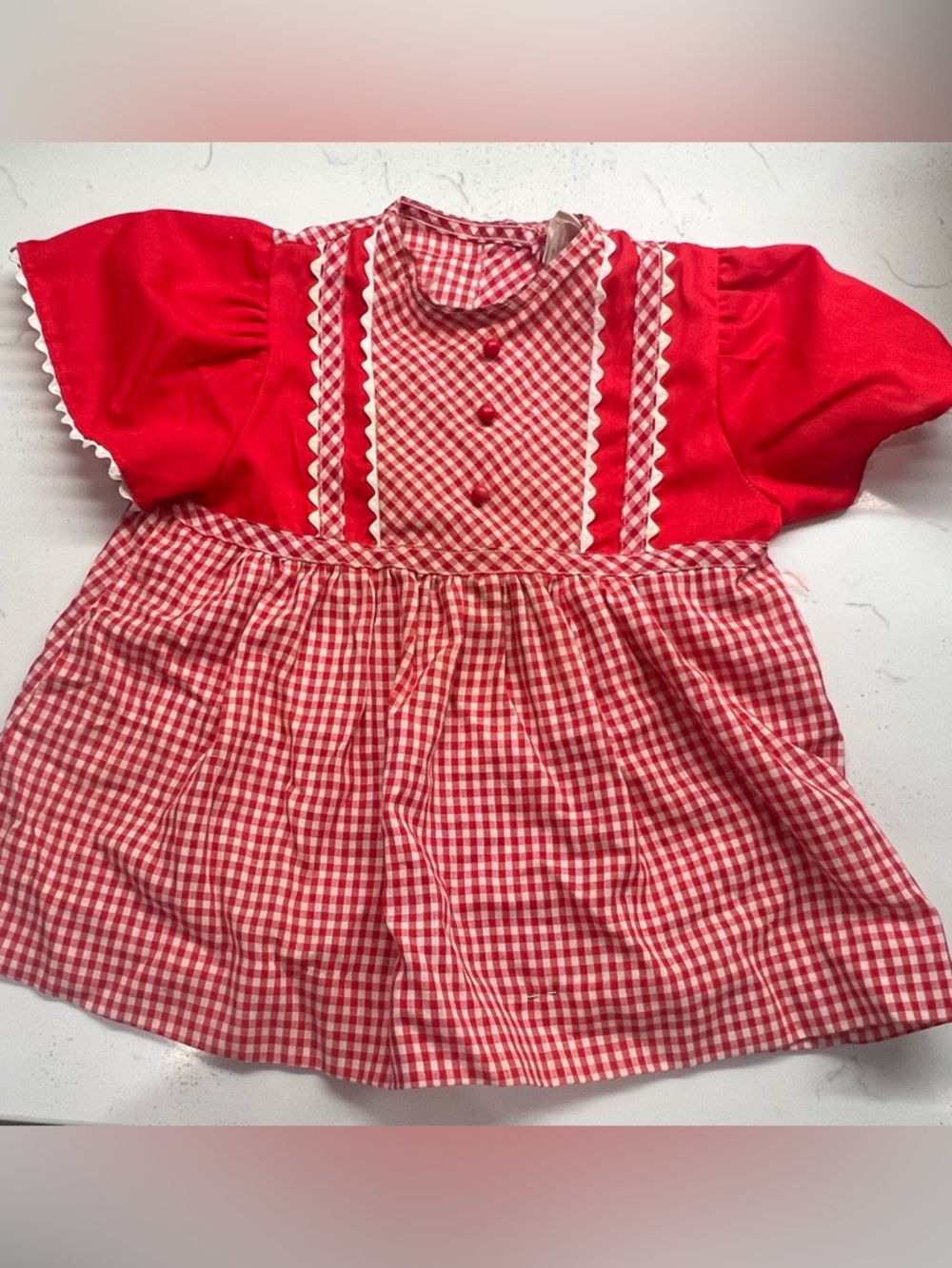 Red Gingham Puff Sleeve Dress with Ric Rac Trim 2T Baby Dress Vintage